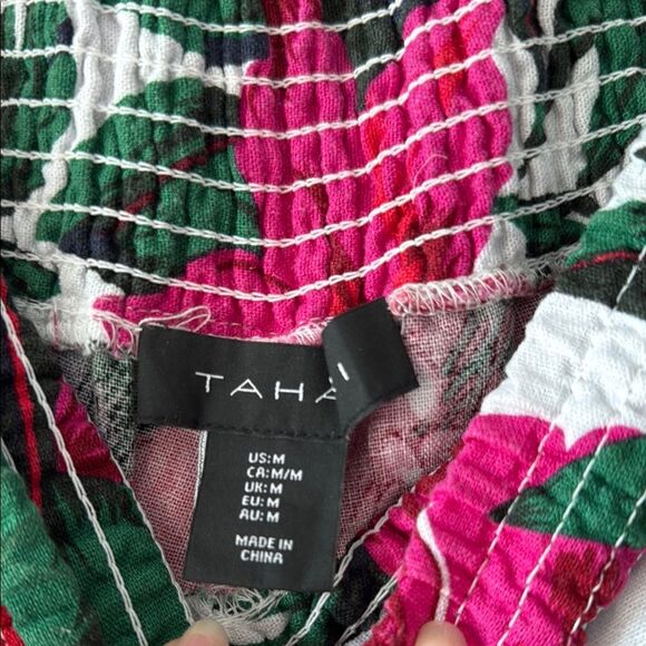 TAHARI LINEN FLORAL WIDE LEG PANTS SIZE MEDIUM WHITE PINK RED GREEN TROPICAL - Picture 3 of 10